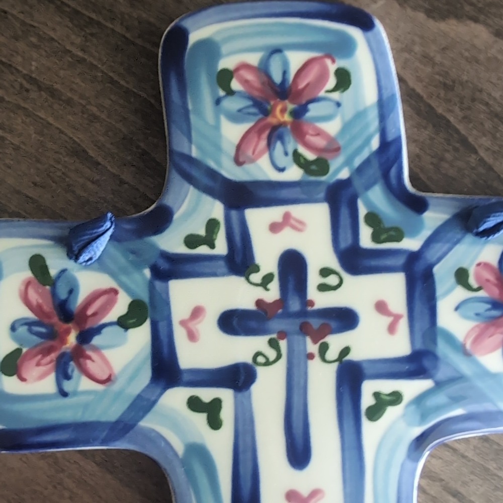 J. Duban Designs Wall Cross Blue Floral Handpainted Ceramic Hanging Tile Christ - Picture 4 of 9